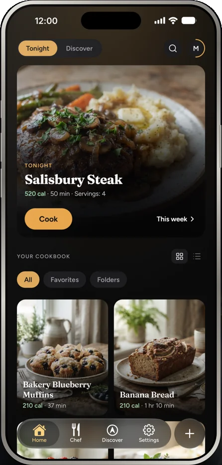 Chef's Kiss home screen showing tonight's dinner