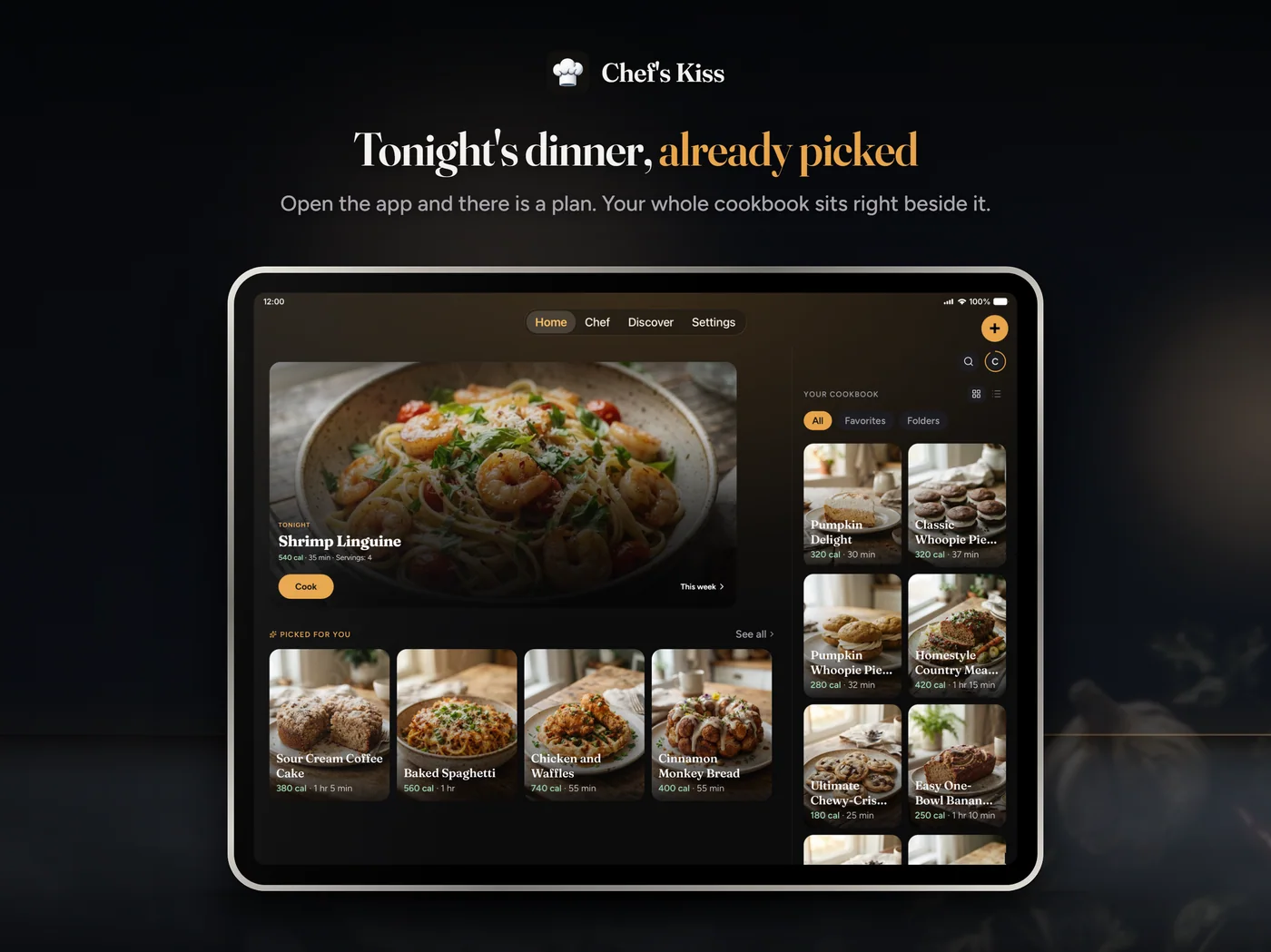 Chef’s Kiss brings a recipe library and tonight’s meal together in one view.